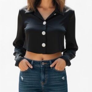 Almost Famous Black silk crop long sleeve blouse
